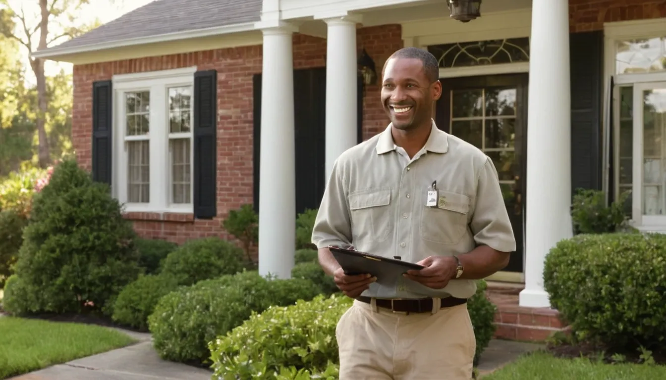 A homeowner talking with a pest control provider at the front door of a colonial home in Forest Heights